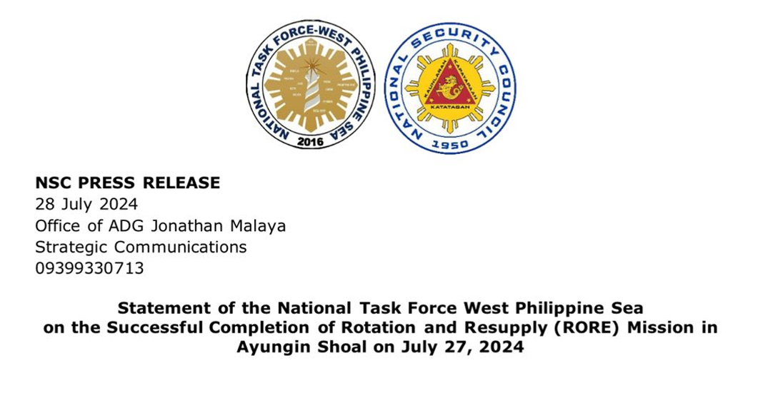 Statement of the National Task Force West Philippine Sea on the Successful Completion of Rotation and Resupply (RORE) Mission in Ayungin Shoal
