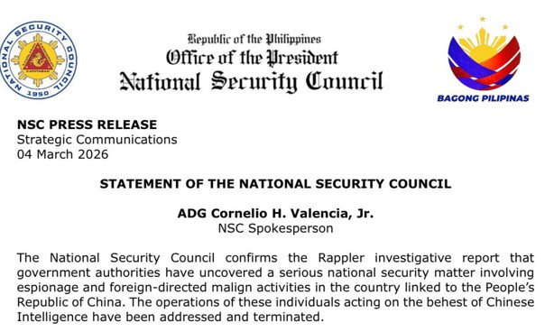 Statement of the National Security Council ADG Cornelio H. Valencia, Jr. NSC Spokesperson