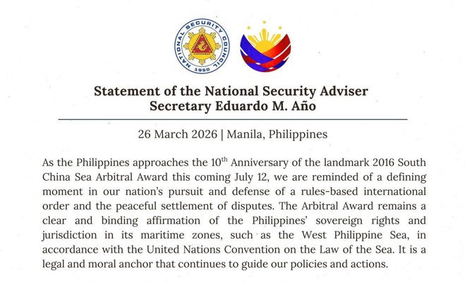 Statement of the National Security Adviser Secretary Eduardo M. Año 26 March 2026 | Manila, Philippines