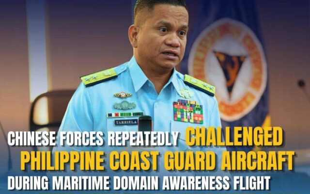 Chinese Forces Repeatedly Challenge Philippine Coast Guard Aircraft During Maritime Domain Awareness Flight Near Panganiban (Mischief) Reef