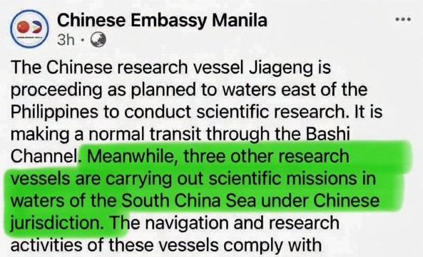 The Chinese Embassy’s statement is telling. It is asserting that their research vessels are conducting scientific missions in “waters of the South China Sea under Chinese jurisdiction,” this means that they are openly admitting to violating the United Nations Convention on the Law of the Sea (UNCLOS) and ignoring the 2016 South China Sea Arbitral Award.