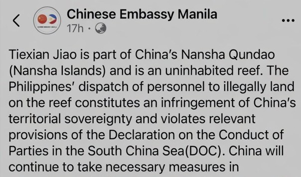 The location referred to by the Chinese Embassy is Pagasa Island and the Pagasa Cays, which form an integral part of the Kalayaan Island Group of the Philippines. These features have never been part of China. The recent activity in this area was undertaken by Philippine civil society and was not the result of any deployment or operation ordered by the Philippine government.