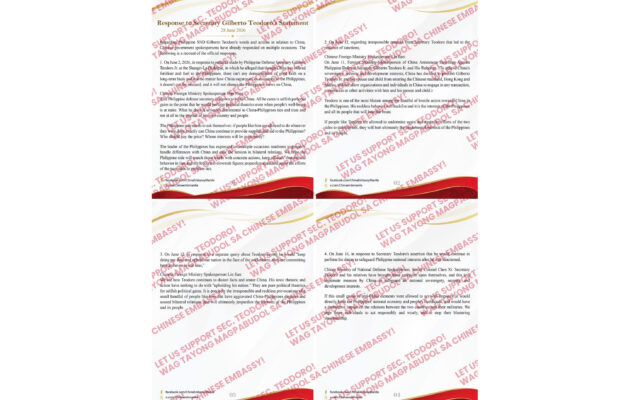 The Chinese Embassy had four statements and one round of sanction. All aimed at one man — Secretary Gilberto Teodoro — for the crime of defending our own country.