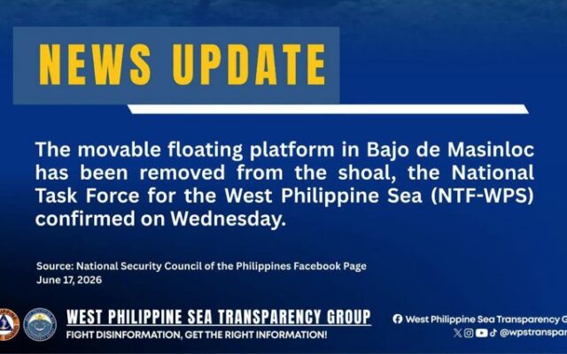 NTF-WPS Confirms the Removal of the Chinese Floating Platform at Bajo de Masinloc