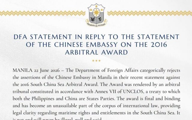 DFA Statement in Response to the Chinese Embassy’s Statement on the 2016 Arbitral Award