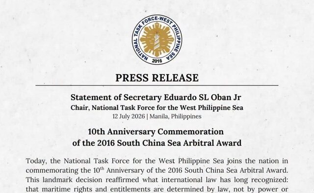 Statement of Secretary Eduardo SL Oban Jr Chair, National Task Force for the West Philippine Sea