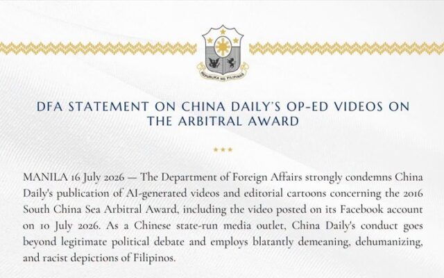 DFA Statement on China Daily’s Op-Ed Videos on the Arbitral Award