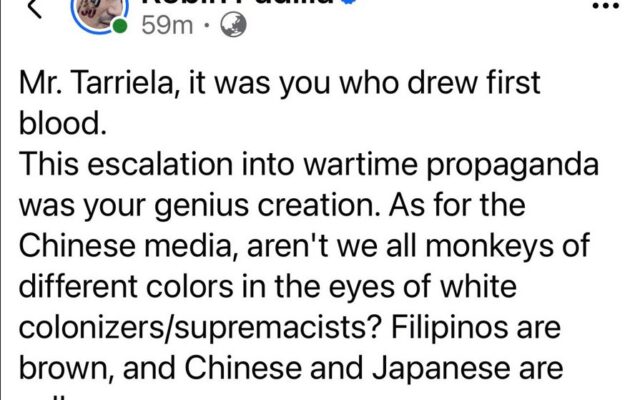 Senator Robin Padilla, with all due respect, our transparency initiative is not wartime propaganda. It is simply a means to expose Chinese aggression and harassment — particularly against our Filipino fishermen and our PCG and BFAR vessels. We do not create the incidents; we only document them.