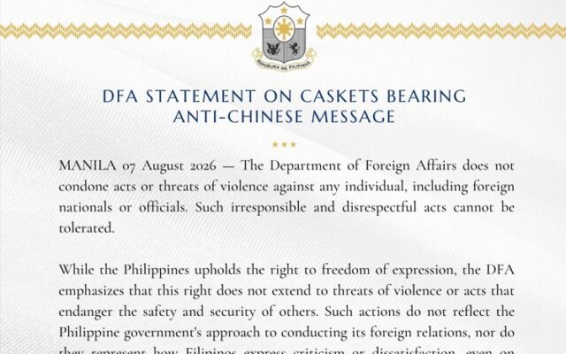 DFA Statement on Caskets Bearing Anti-Chinese Message