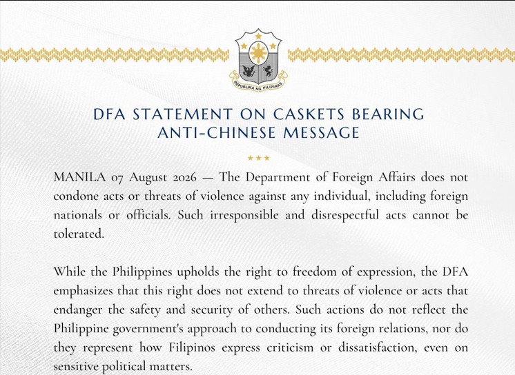 DFA Statement on Caskets Bearing Anti-Chinese Message