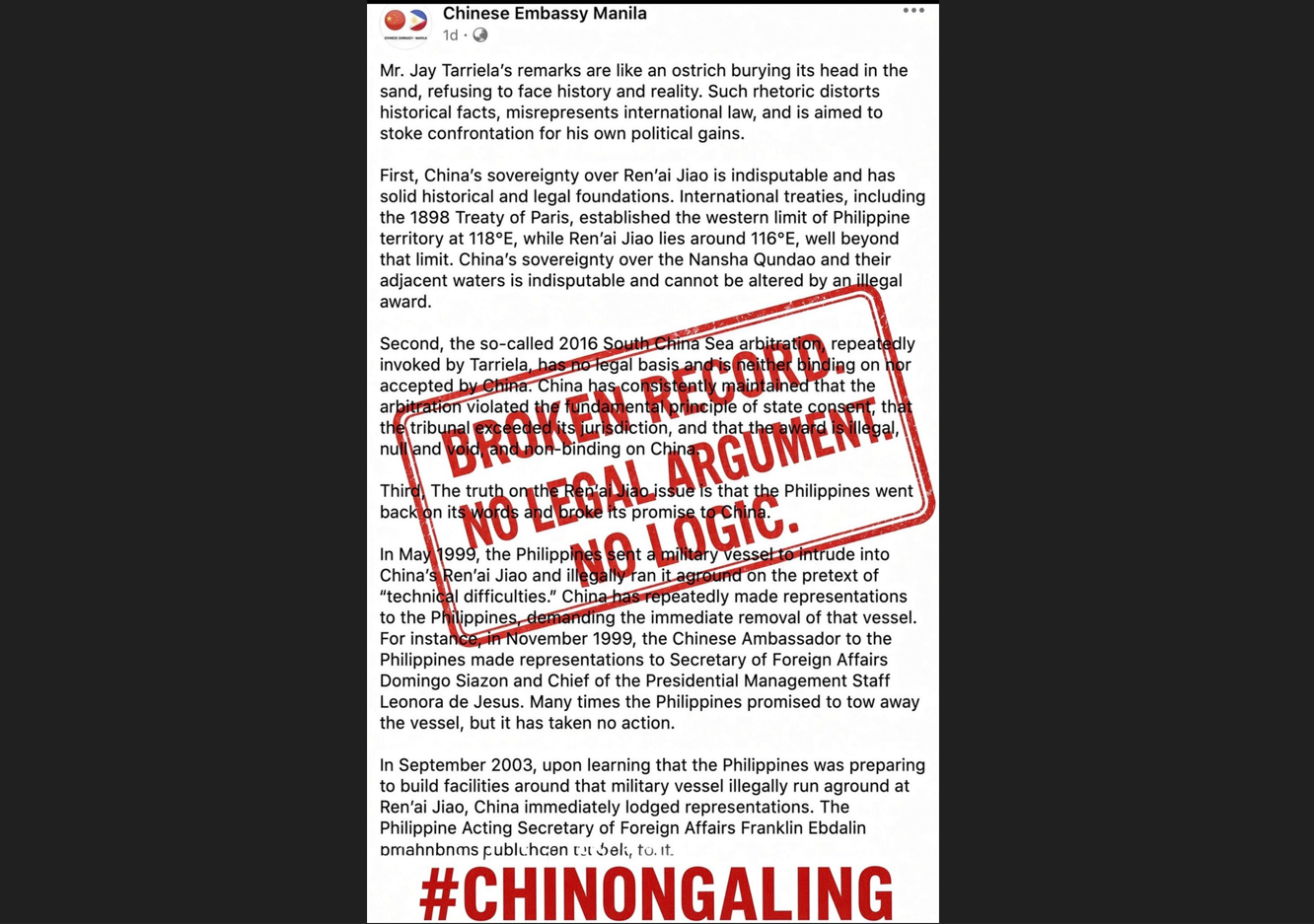The Chinese Embassy’s statements, issued under the direct supervision of Ambassador Jing Quan, sound like a broken record. Repetitive, offering nothing new, yet never tiring of the replay — defying logic, legal argument, and at times even common sense.