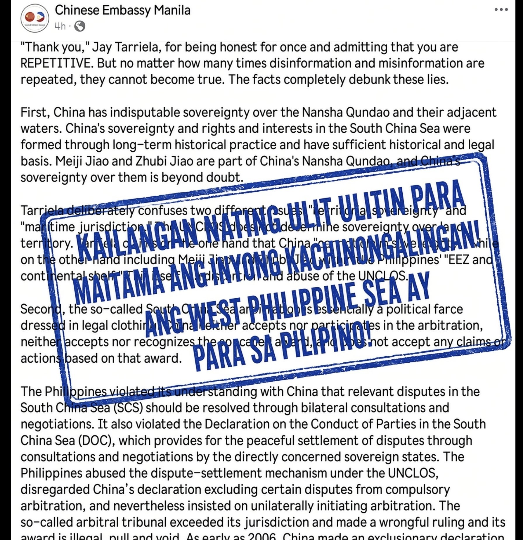 I HAVE TO REPEAT MYSELF because even now you haven’t memorized it and it still hasn’t sunk in for you: what you’re doing in the West Philippine Sea is illegal and imperialist. I also have to keep repeating my responses to your CHINONGALINGAN because you might fool the Filipinos again!