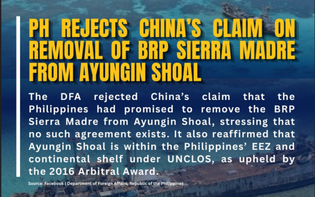 PH Rejects China’s Claim on Removal of BRP Sierra Madre from Ayungin Shoal
