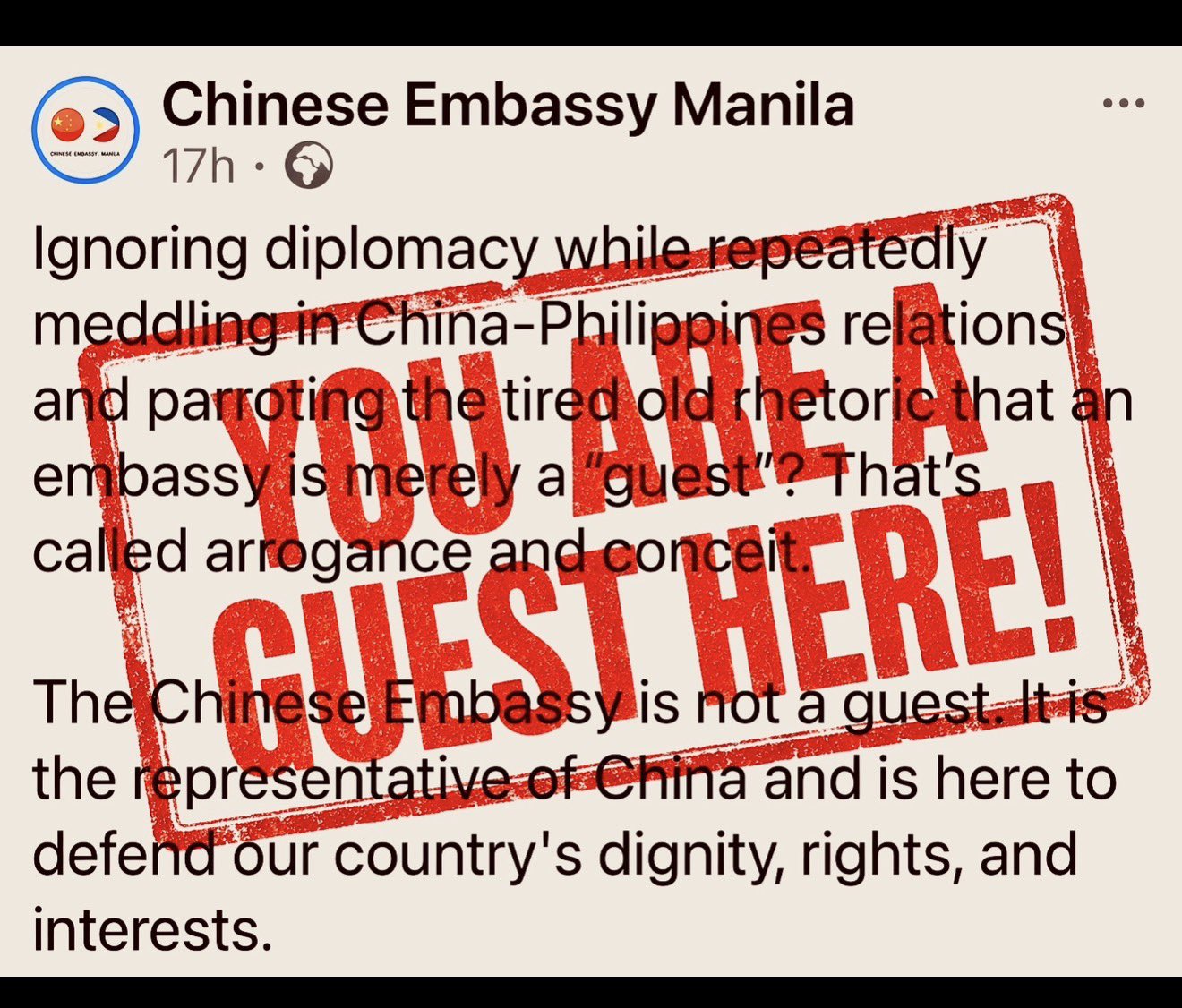 It looks like Ambassador Jing Quan is finally posting under the Embassy’s own name instead of hiding behind his spokespersons. At least now the Ambassador takes ownership of these silly messages.