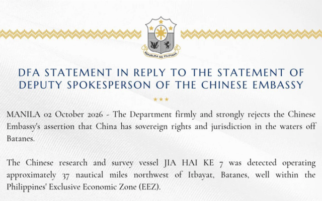 DFA Statement in Reply to the Statement of the Deputy Spokesperson of the Chinese Embassy