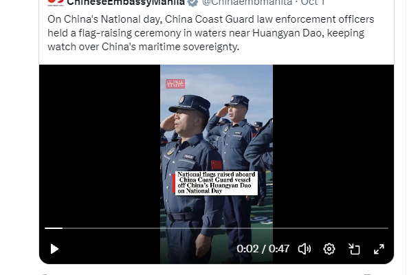 The China Coast Guard’s National Day flag-raising ceremony near Bajo de Masinloc, described as “keeping watch over China’s maritime sovereignty,” is a misleading portrayal of the reality on the ground.