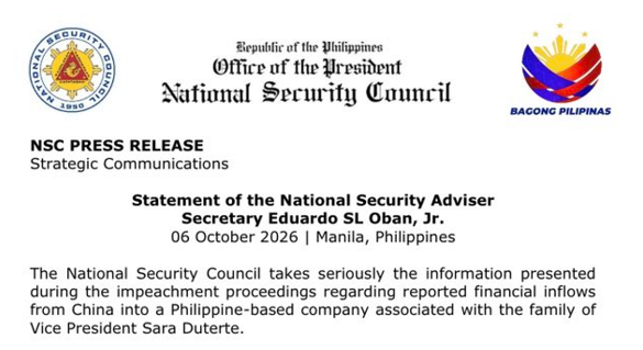 Statement of the National Security Adviser Secretary Eduardo SL Oban, Jr. 06 October 2026 | Manila, Philippines