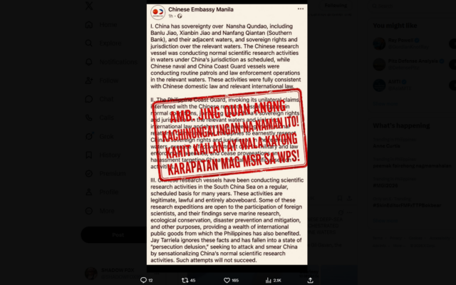China’s statement confirms every fact the PCG reported. It admits that a Chinese research vessel was operating near Hubo Reef, Escoda Shoal, and Katimugan Bank, with PLA Navy and China Coast Guard vessels nearby. The only dispute is over who has the right to be there, and international law has already settled that.
