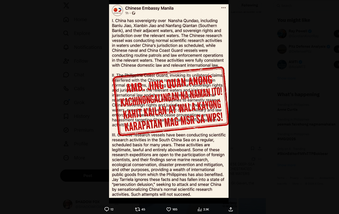 China’s statement confirms every fact the PCG reported. It admits that a Chinese research vessel was operating near Hubo Reef, Escoda Shoal, and Katimugan Bank, with PLA Navy and China Coast Guard vessels nearby. The only dispute is over who has the right to be there, and international law has already settled that.